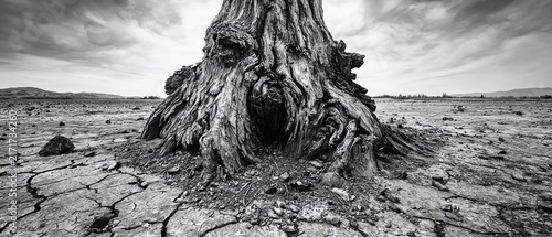 Dry tree roots amidst cracked earth landscape.