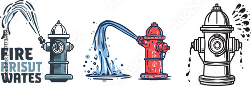 Classic red fire hydrant with flowing water illustration set, urban firefighting symbols collection, isolated vector sticker sheet for rescue and safety designs