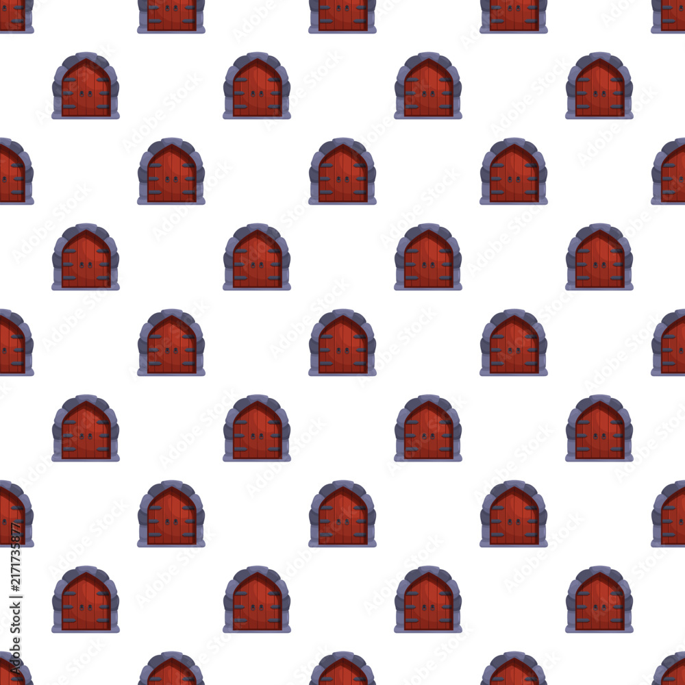Fototapeta premium Medieval arched wooden doors with stone surrounds forming a seamless wallpaper pattern