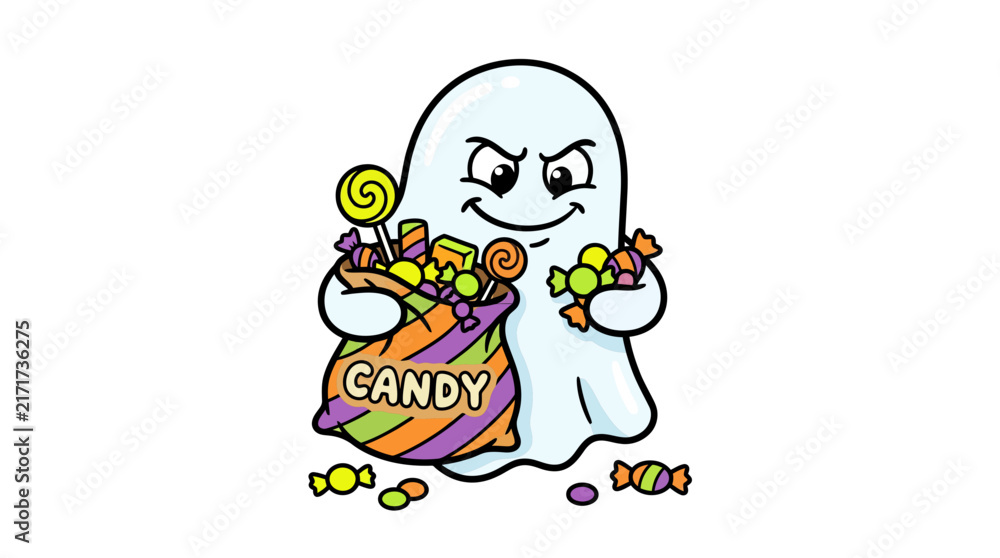 Fototapeta premium Cute Ghost Character Holding Candy Bag for Halloween