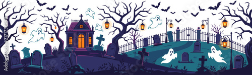 Spooky Halloween graveyard landscape vector background with ghosts tombstones haunted crypt and bats