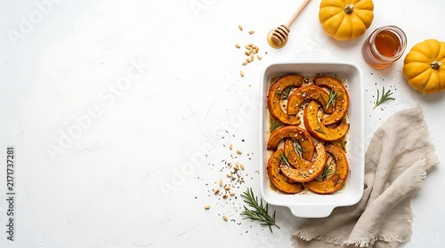 Roasted pumpkin slices with honey and rosemary in white baking dish on white table with small decorative pumpkins
