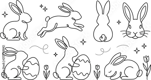 Easter Bunny One Line Drawing Icon Set with Rabbits Eggs Flowers and Sparkles for Spring Holiday Greeting Cards and Minimalist Vector Designs