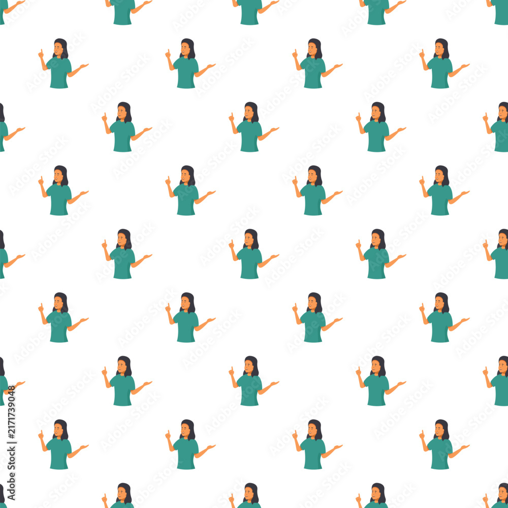 Fototapeta premium Woman cartoon character pointing up creating a seamless repeating pattern