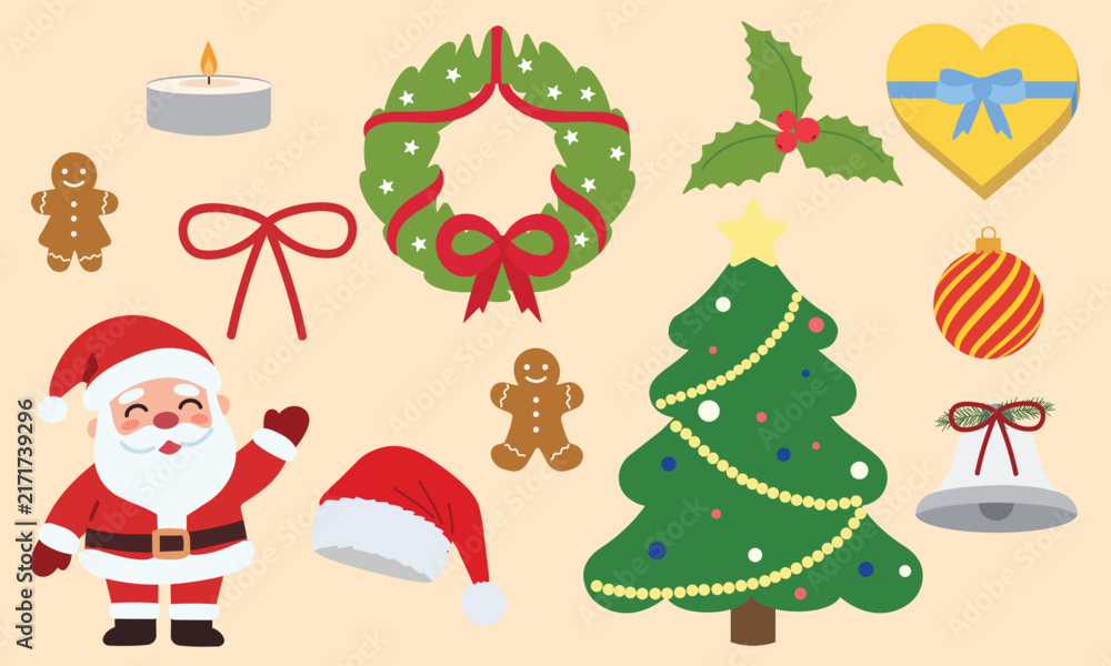 Fototapeta premium Christmas and New Year icons bundle vector illustration. Flat cartoon holiday character, tree, wreath, gift, gingerbread, and candle collection
