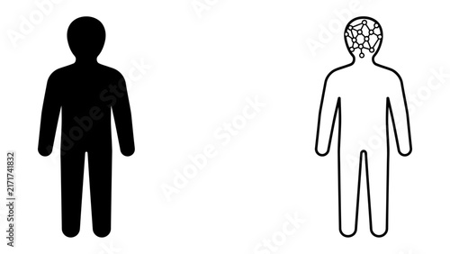 Mind versus Matter: A stark comparison of two human silhouettes, one a solid black figure representing the physical body, the other an outline filled with abstract geometric shapes.