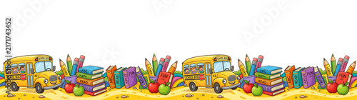 Charming cartoon border with smiling school buses. happy children. books. pencils. and apples on a