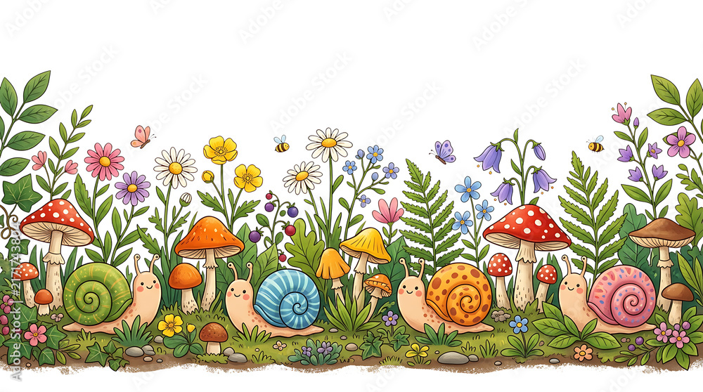 Obraz premium Charming Garden Border with Happy Snails. Colorful Mushrooms. Flowers. and Butterflies Illustratio