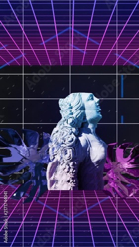 Animation of 3d diamonds, glitching classical statue and leaves over purple grids on dark background