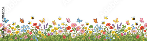 Charming cartoon border of colorful wildflowers and buzzing bees with butterflies fluttering in a