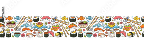Cute Kawaii Sushi and Fish Border Seamless Pattern Illustration