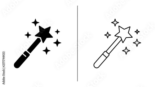 Fotografía Magical Wand Icons: A pair of stylized magic wand icons, one solid black and the other an outline, both featuring a star at the tip and radiating sparkle effects, representing enchantment and fantasy