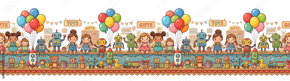Fototapeta premium Whimsical Children s Toy Store Border with Diverse Kids. Robots. and Balloons. Celebrating Fun