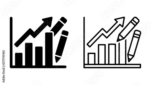 Growth Chart Icons: Two icons depicting a bar chart with an upward trending arrow and pencils, representing growth, data, and planning.