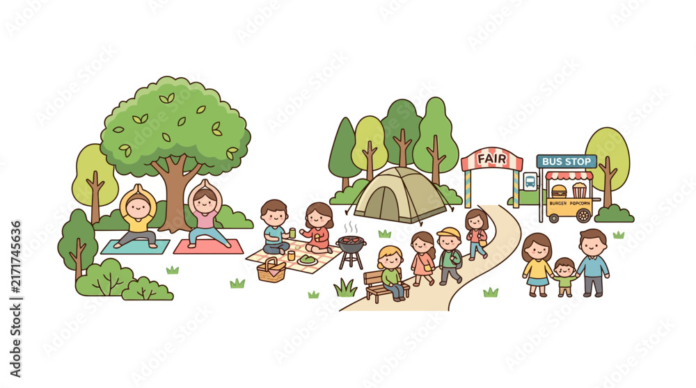 Fototapeta premium Children and families enjoying summer park activities.