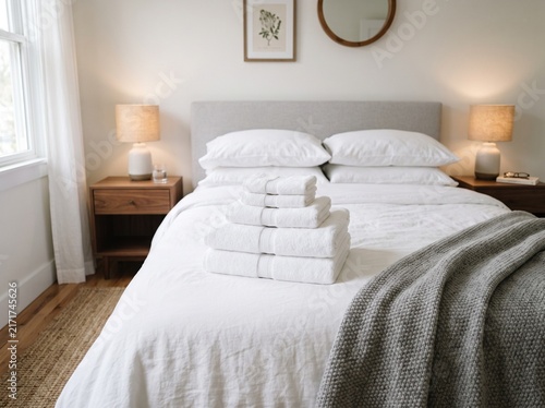 Neat stack of fresh white bath towels placed on a cozy bed inside a brightly lit modern hotel room.