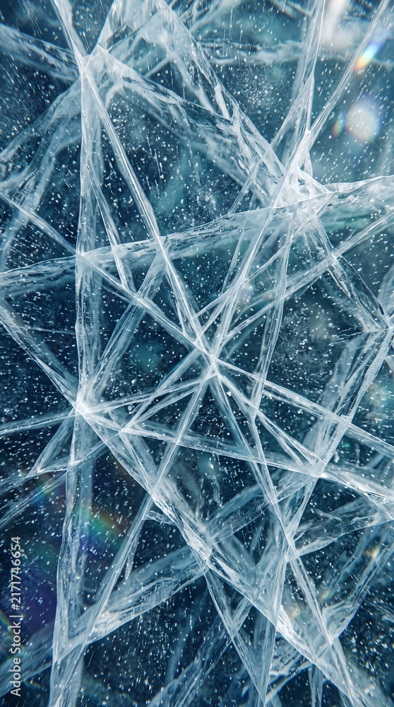Fototapeta premium Frozen blue ice texture background with sharp cracks and frozen air bubbles forming geometric patterns under winter light for cold nature abstract design, wallpaper, and seasonal backdrop.