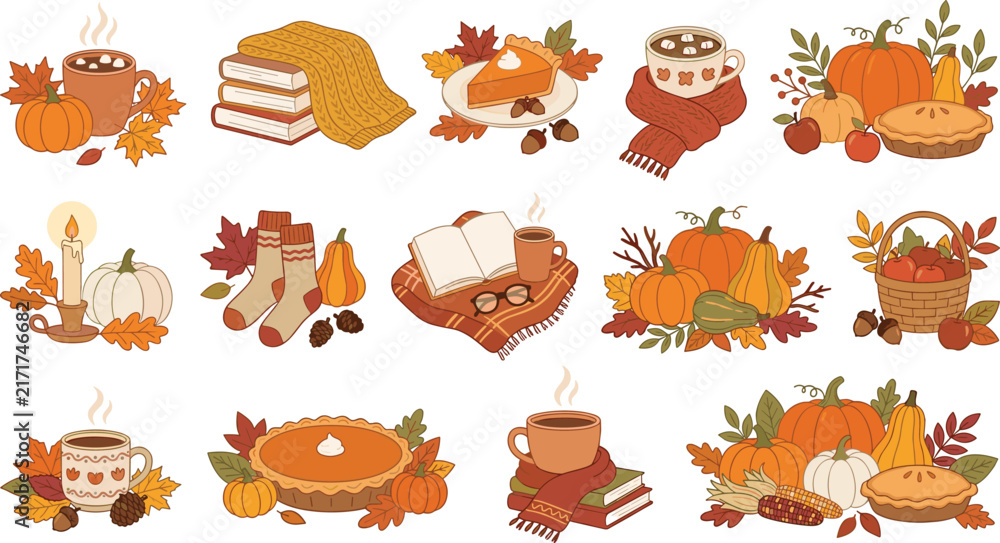 Obraz premium Cozy Autumn Season and Thanksgiving Harvest Vector Illustration Set with Pumpkins Pumpkin Pie Hot Cocoa Books and Fall Floral Arrangements