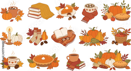 Cozy Autumn Season and Thanksgiving Harvest Vector Illustration Set with Pumpkins Pumpkin Pie Hot Cocoa Books and Fall Floral Arrangements