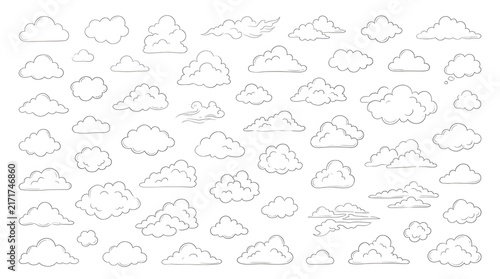 Hand drawn collection of fluffy white clouds featuring various shapes and sizes isolated against a clean simple white background setting