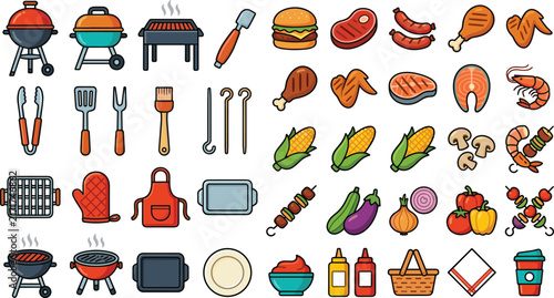 Barbecue Grill Party and Summer Picnic Food Vector Line Icon Set with Charcoal Kettle Bbq Steak Burgers Sausages Vegetables and Grilling Tools