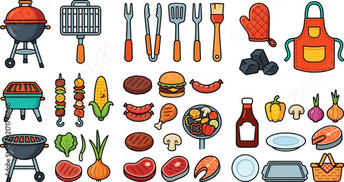 Barbecue Grill Party and Picnic Food Vector Line Icon Set with Charcoal Kettle Bbq Steak Skewers Burgers Apron and Grilling Tools
