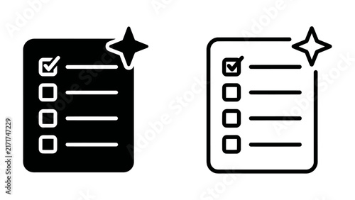 Checklist Icons: Two stylized icons of a checklist, one solid black and the other an outline, adorned with a star, signifying completion or importance.