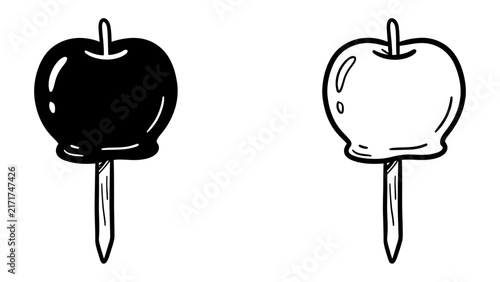 Candy Apples Contrast: A black and white illustration depicting two candy apples on sticks, one filled with dark chocolate and the other a simple white outline, representing a stark visual comparison.