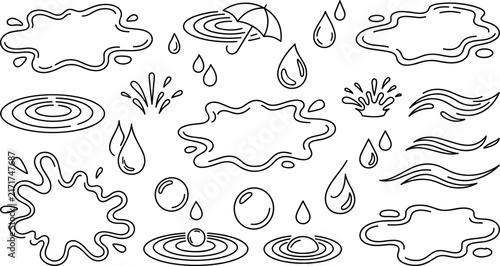 Water Puddles and Rain Ripples Line Art Icon Set Featuring Splashes, Raindrops, Umbrella, Bubbles, and Wave Flow Elements for Weather Designs