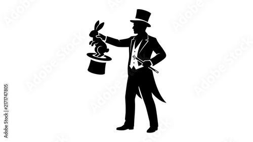 Foto Magician with Rabbit and Top Hat: A silhouette of a magician in a tuxedo and top hat, holding a rabbit pulled from the hat, with a magic wand in his other hand