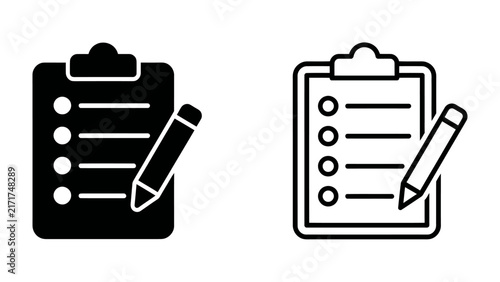 Clipboard and Checklist Icons: A set of two icons, one solid black and one outline, depicting a clipboard with a checklist and a pencil, symbolizing task management and planning.