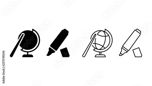 Global Education Icons: A set of stylized icons representing education and learning, featuring a globe and a marker pen in both filled and outline styles, symbolizing knowledge and exploration.
