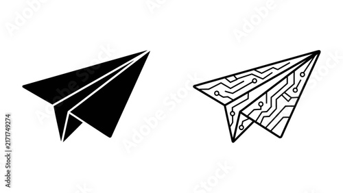 Paper Airplane Icons: A pair of paper airplane icons, one solid black and the other stylized with circuitry, symbolizing innovation and technology in communication.
