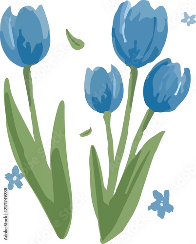 Blue Tulip Flower Bud with Leaves and Floral Decor Flat Vector Illustration