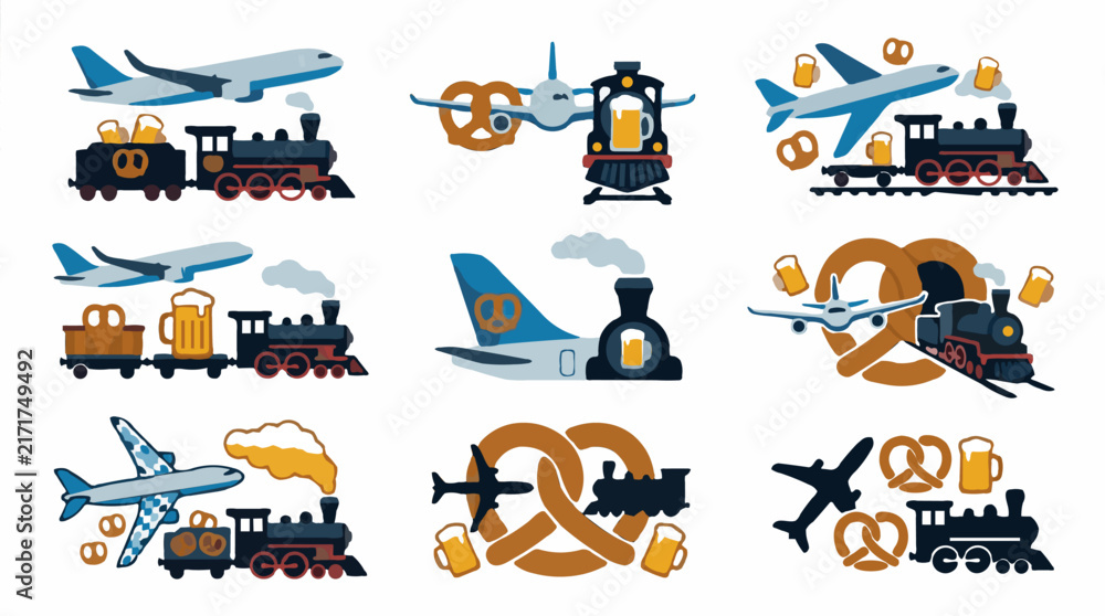 Fototapeta premium Vector icons of airplanes and trains with pretzels and beer mugs, flat design graphic elements
