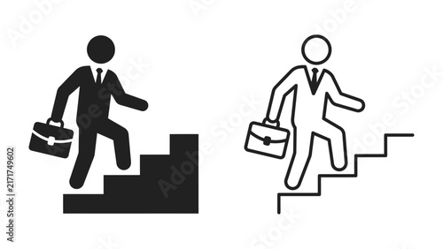 Business Career Ascent: Icons depict businessmen in suits, one solid and one outline, ascending stairs, symbolizing career growth and professional advancement.