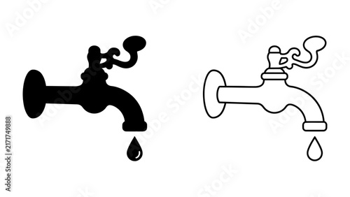 Vintage Faucet Icon Set: A graphic illustration featuring two distinct styles of vintage faucets, one solid silhouette and the other an outline.