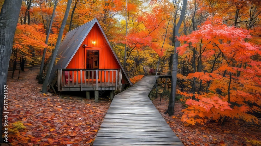 Fototapeta premium A Cozy A Frame Glamping Cabin Nestled Within A Vibrant Autumn Forest At Warm Twilight Golden Hour