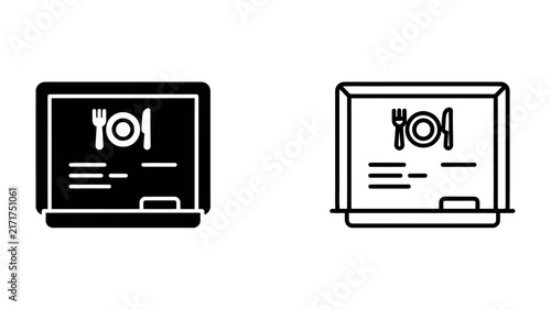 Chalkboard Menu Icon: A simple yet effective graphic representation of a chalkboard displaying a menu, with icons for cutlery and a plate, signifying a dining or culinary theme.