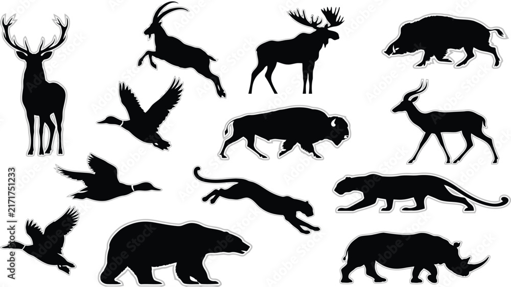 Obraz premium Wild animals and forest birds silhouette vector sticker set
