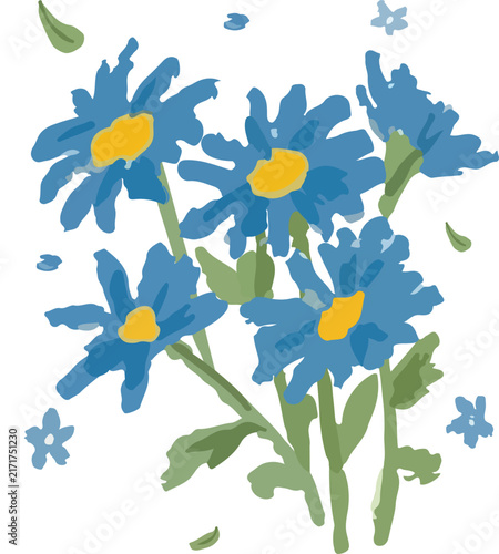 Flat Design Blooming Blue Daisy Flower with Floral Decor Vector