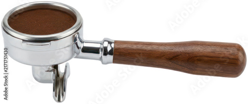 фотографія Professional espresso portafilter with polished wood handle.