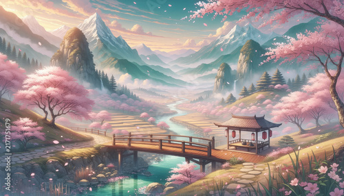 Serene landscape with mountains, river, cherry blossom trees, and a wooden bridge.