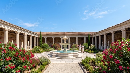 Ancient Roman Villa Courtyard Garden Fountain Blue Sky Sunlight