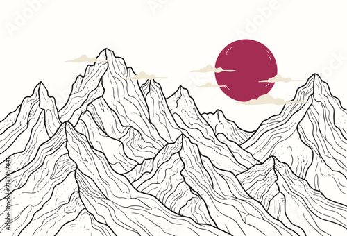 Minimalist Line Art Mountain Range with Japanese-Style Red Sun