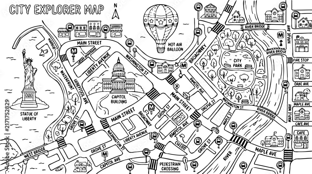 Fototapeta premium Black and white city map illustration with landmarks, streets, parks, and transportation icons, line art style