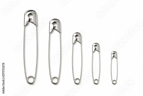 Silver Safety Pins in Five Sizes Isolated on White