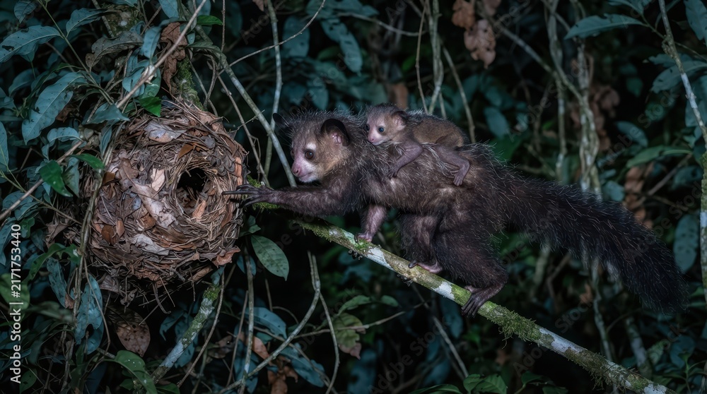Naklejka premium Indri Lemur Mother and Infant: A mother indri lemur, carrying her infant on her back, carefully inspects a nest in a dense forest at night.