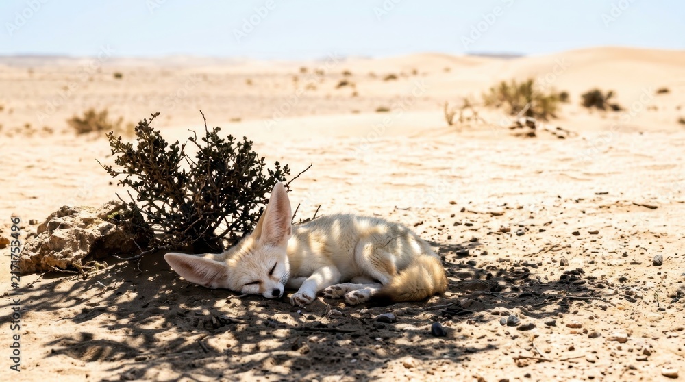 Naklejka premium Desert Nap: A fennec fox finds cool respite from the scorching sun, sleeping peacefully in the shade of a small desert bush amidst vast sand dunes and arid landscape.