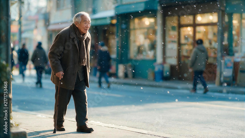 elderly Korean-American man strolls slowly along a sidewalk enjoying the first snowfall of winter, copy-pasted poster about World Veterans Day and respect for grandparents